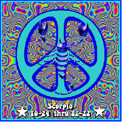 psychedelic background with peace sign and scorpio symbol