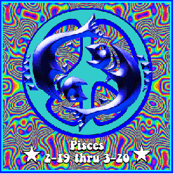psychedelic background with peace sign and pisces symbol