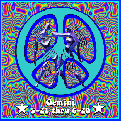 psychedelic background with peace sign and gemini symbol