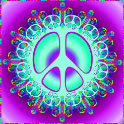 turquoise layers with purple center peace sign, set on a gradient background
