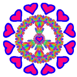 colorful animated peace sign with heart center and hearts circling