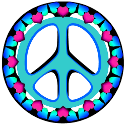 peace sign bordered in blue and pink hearts
