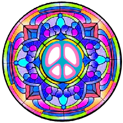 peace sign center, stained glass mandala style.