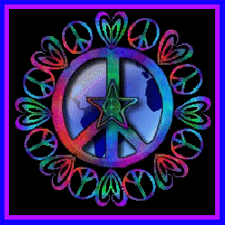 spinning earth, peace sign overlay