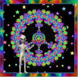 peace sign in space with alien giving peace sign