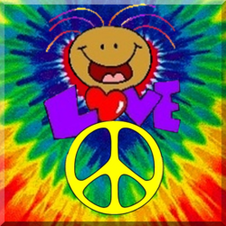 happy character with peace sign on tie dye background