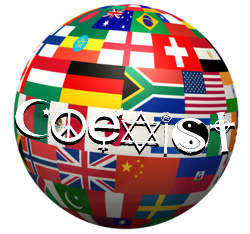 country flags shape globe, coexist symbols circulate
