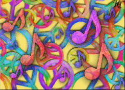 colorful throbbing peace sign and music notes