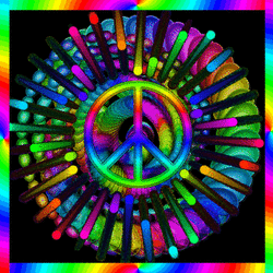 colors actively moving toward peace sign over spiral circle