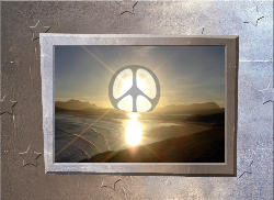 bright sun with peace sign over ocean