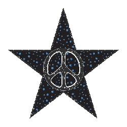 black star, blue accents, peace sign center