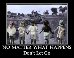 inspirational style with little girls holding hands walking into war zone