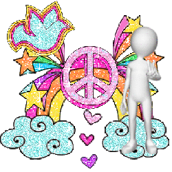 figure standing on cloud gives peace sign, peace dove, stars, clouds, rainbow