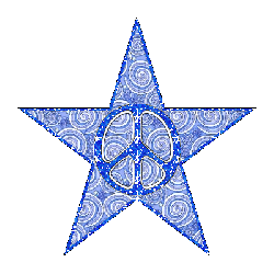blue swirls inside star, peace sign center