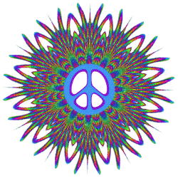 center peace sign with tiny bits of color flowing outward