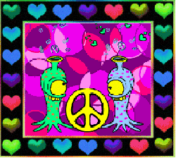 two extraterrestial beings pumping out peace signs and hearts