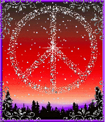 mountain silhouette with snow falling, twinkling peace sign
