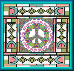 stained glass design with animated peace sign center