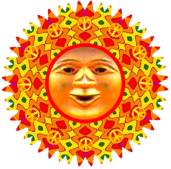 sun face with bright colors, peace signs surrounding