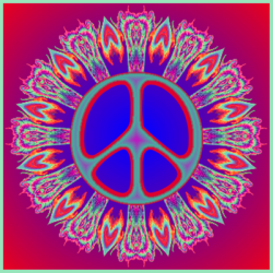 peace sign on gradient background with feathers