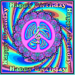 peace sign design over swirls, gradient lettering Happy Birthday