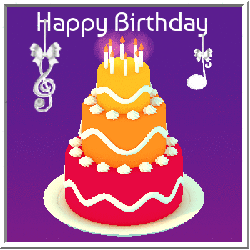 spinning birthday cake with candles, hanging treble clef, note