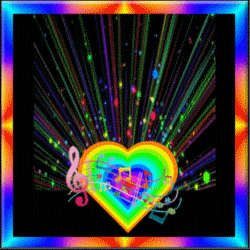 multi colored heart, musical notes, shooting upwards