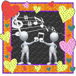 two figures holding music note, music staff, heart frame, glitter