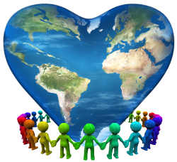 colorful figures holding hands around heart shaped earth