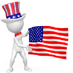 figure with red, white, blue hat holding american flag