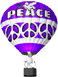 hot air balloon with peace sign, figure inside waving