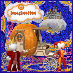 imagination cloud over pumpkin carriage, king, joker and castle