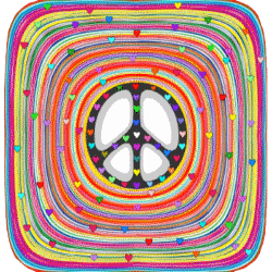 multi-colored lines surrounding peace sign with accent hearts