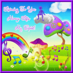 figure sitting on cloud over rainbow, music notes