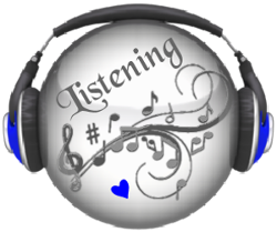 listening text with blue heart on circle wearing headphones
