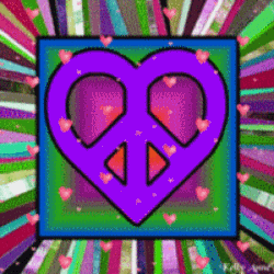 peace heart with floating hearts, colorful burst background