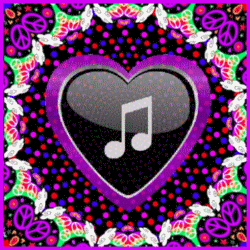 black shiney heart with centered note, colorful abstract frame with peace signs