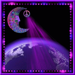 moon shines over earth, spinning peace sign with rays