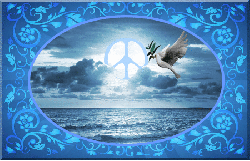dove flying over ocean with sun peace sign