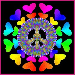 center heart peace sign with blending colors and gradient, rainbow outer hearts