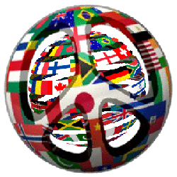 world flags peace sign over rotating globe of world flags