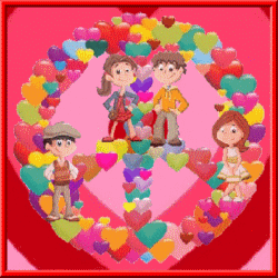 children standing on layered peace sign of hearts