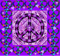 framed with animated purple and teale, purple swirls background, purple peace sign