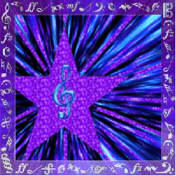 sparkle star with treble clef, burst of blue, purple