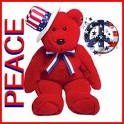 teddy bear dressed in patriotic colors with flag design peace sign