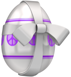 big egg with purple peace signs wrapped in ribbon, bow