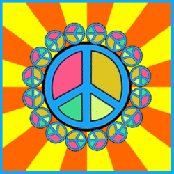 center peace sign encompassed with smaller peace signs, spinning rays