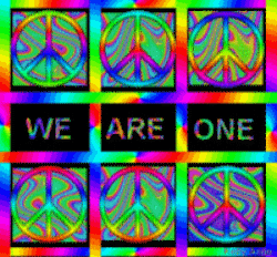 psychedelic peace signs design, text, we are one