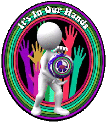 figure with world turning in hands, peace sign overlay, hands background