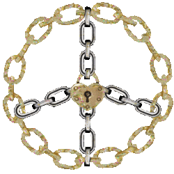 gold and silver links form peace sign, heart lock center